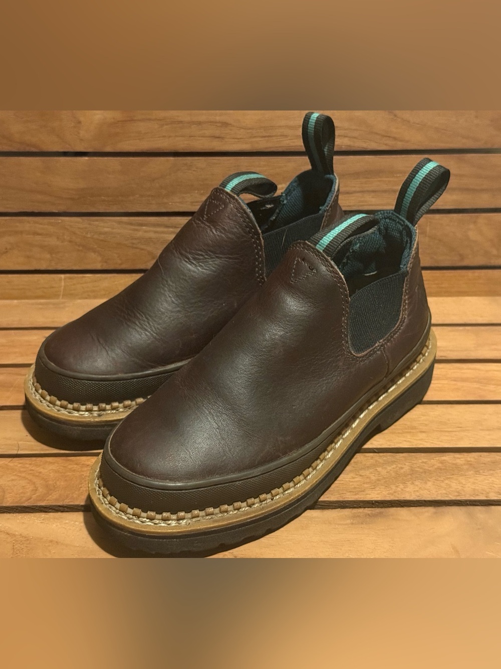 Georgia Boot Brown Leather Slip-On Ankle Boots with Tan Welt